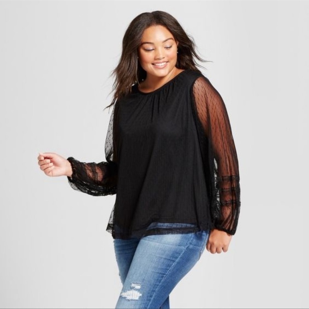 AVA & VIV Black Lace Dotted Mesh Top NWT